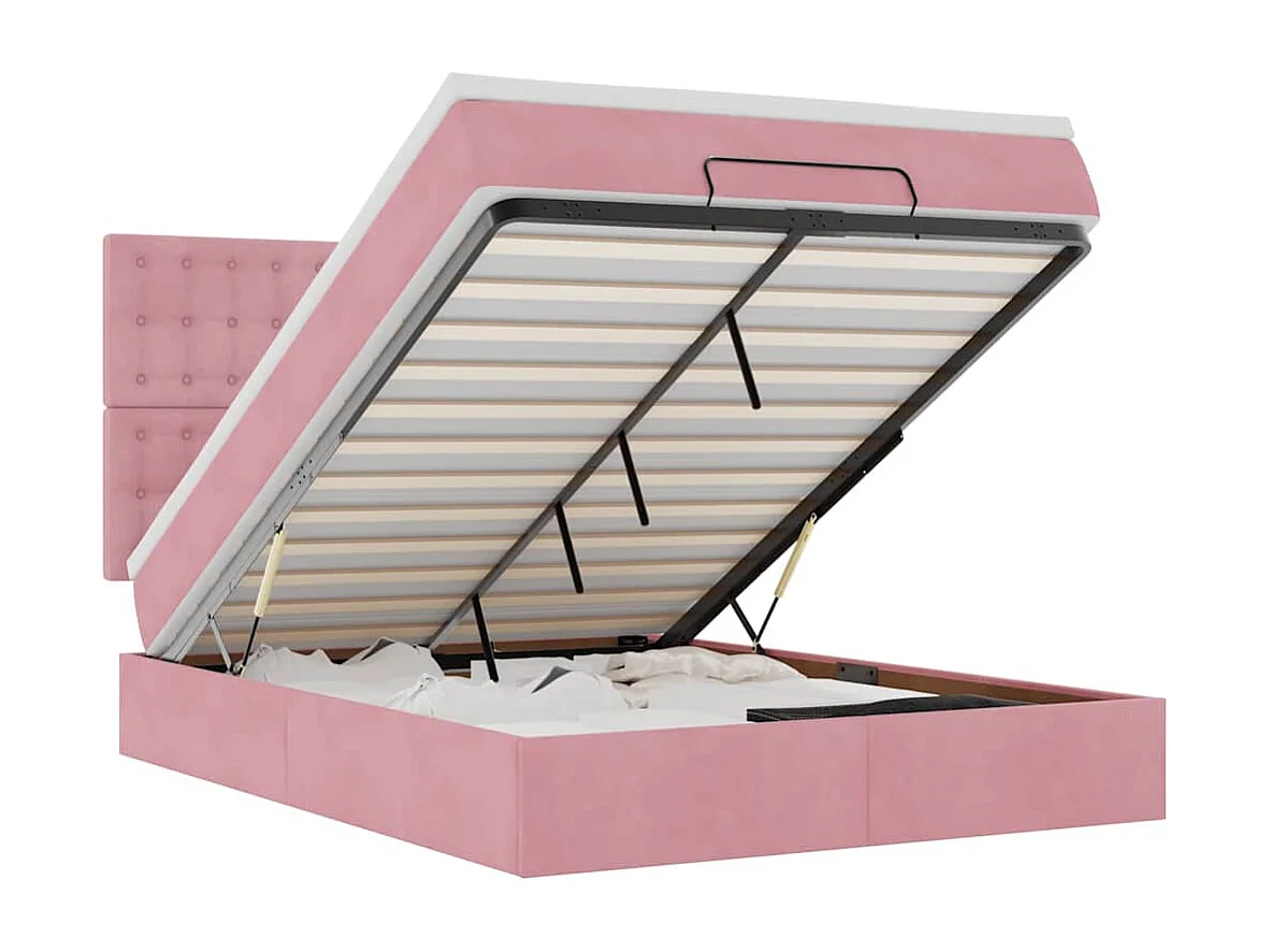 Estructura cama otomana con colchones terciopelo rosa 140x190cm