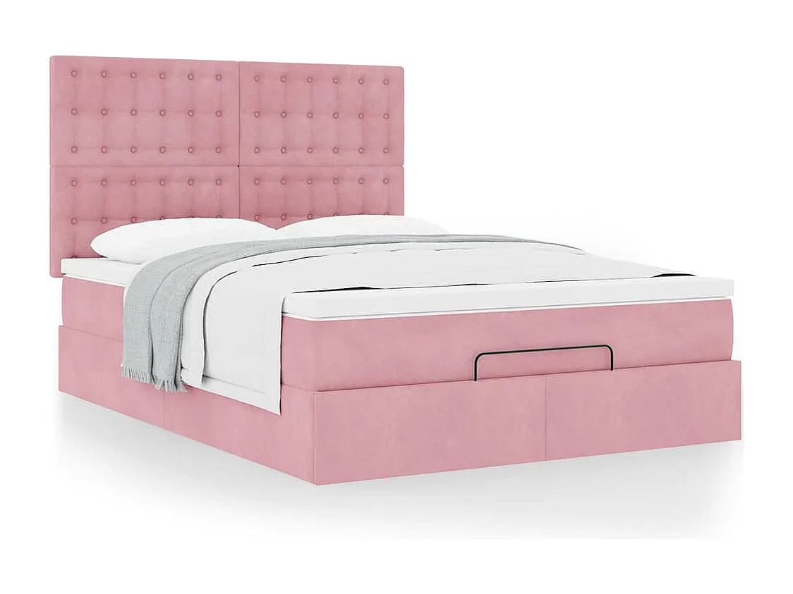 Estructura cama otomana con colchones terciopelo rosa 140x190cm