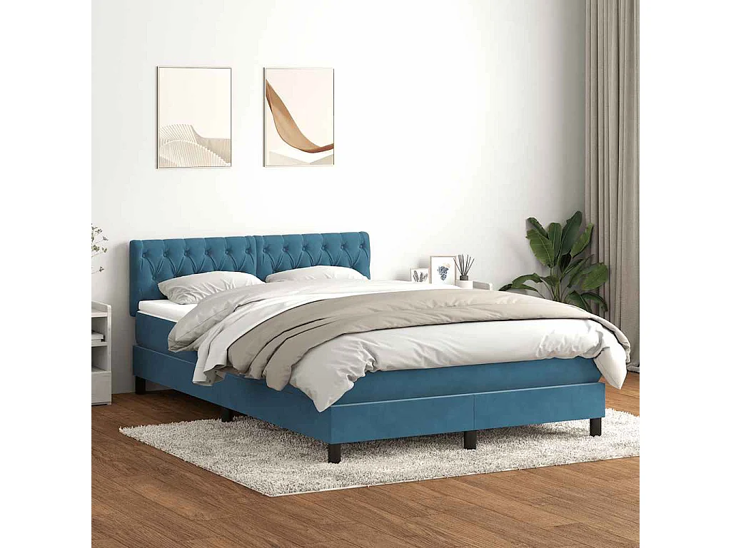 Cama box spring com colchão 160x210 cm veludo azul escuro