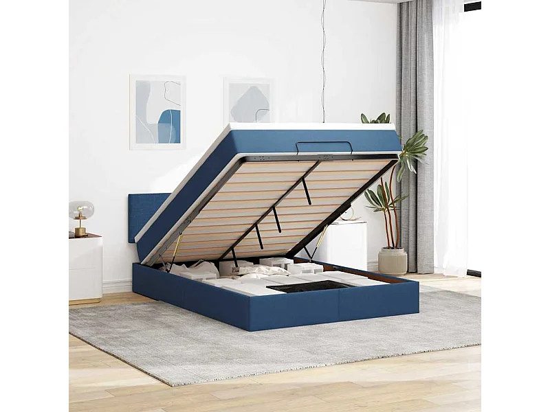 Cadre de lit ottoman avec matelas bleu 140x190 cm tissu