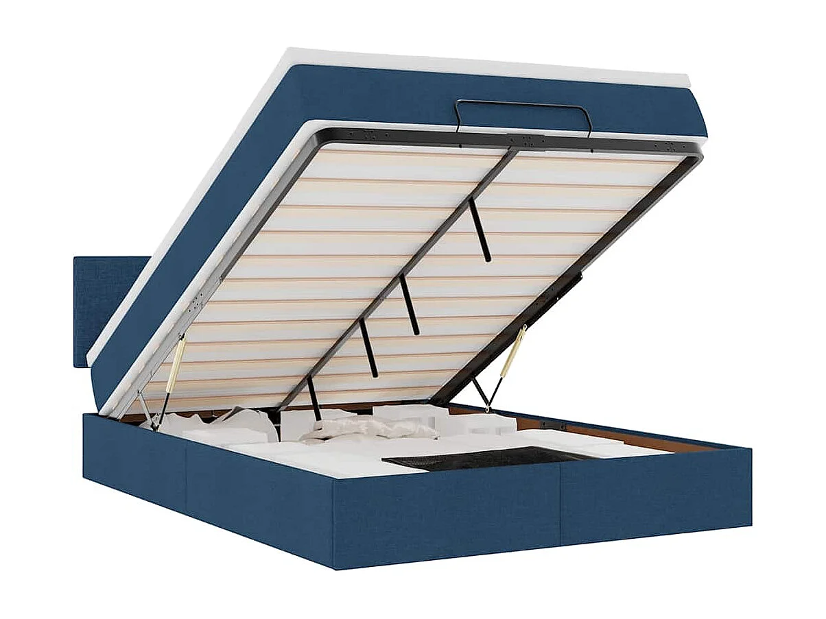Estructura de cama otomana con colchón tela azul 140x190cm