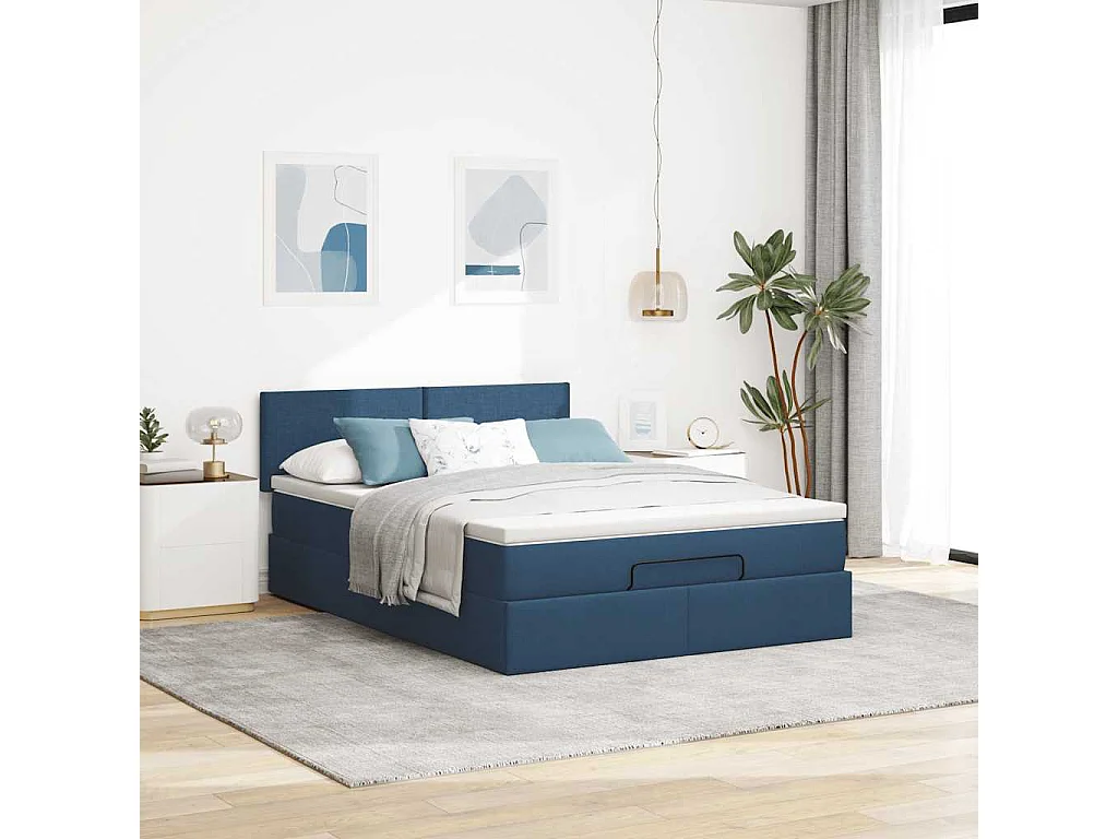 Cadre de lit ottoman avec matelas bleu 140x190 cm tissu
