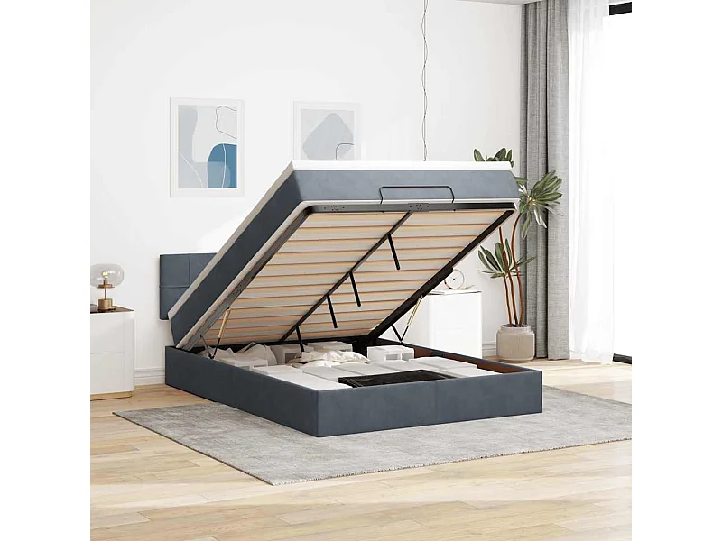 Cadre de lit ottoman avec matelas gris foncé 140x200 cm velours