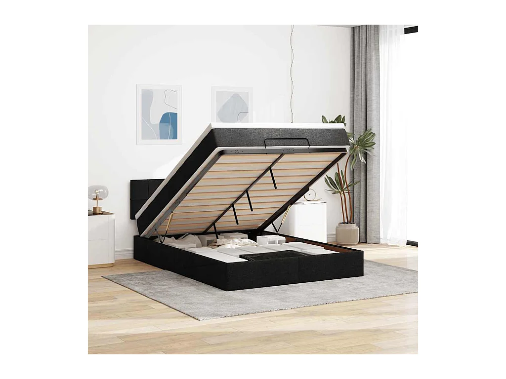 Lit ottoman avec matelas noir 140x190 cm tissu
