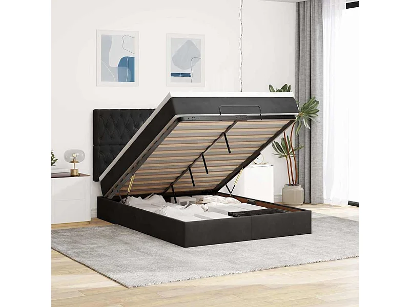 Cadre de lit ottoman avec matelas noir 140x190 cm velours