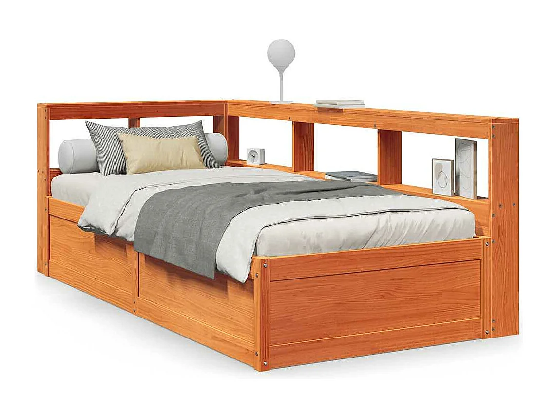 Bed met boekenkast zonder matras grenenhout wasbruin 90x200 cm