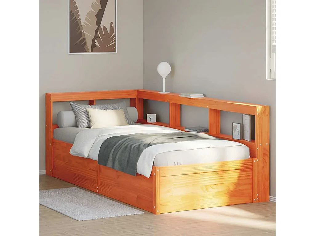 Bed met boekenkast zonder matras grenenhout wasbruin 90x200 cm