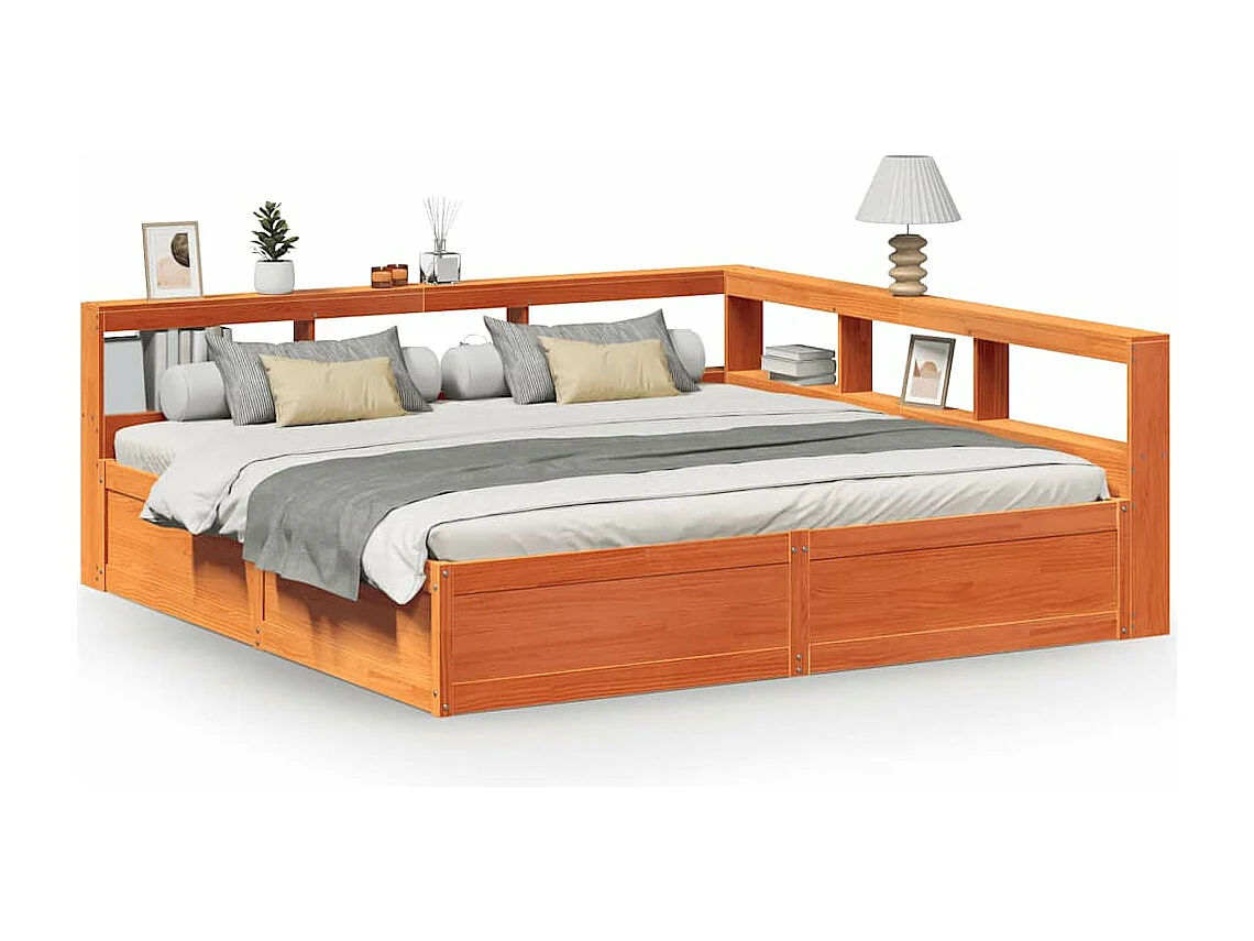 Bed met boekenkast zonder matras grenenhout wasbruin 200x200 cm