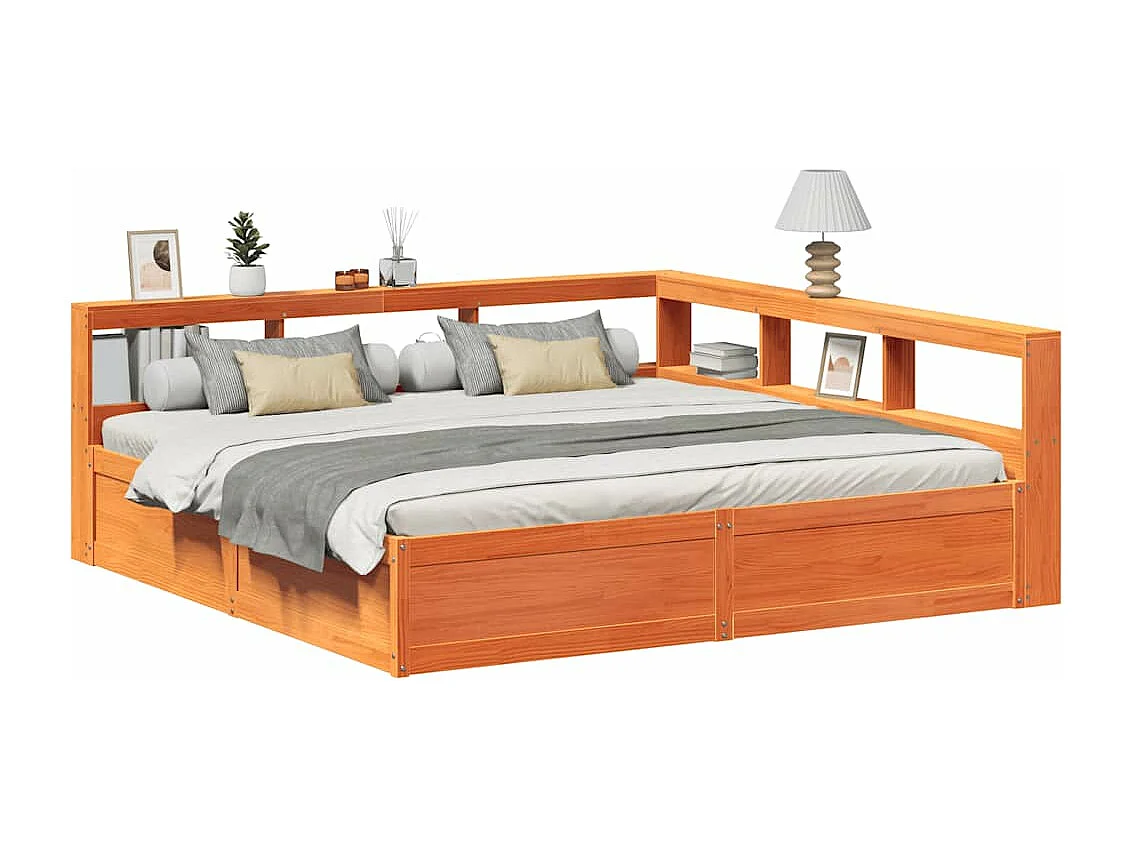 Bed met boekenkast zonder matras grenenhout wasbruin 200x200 cm