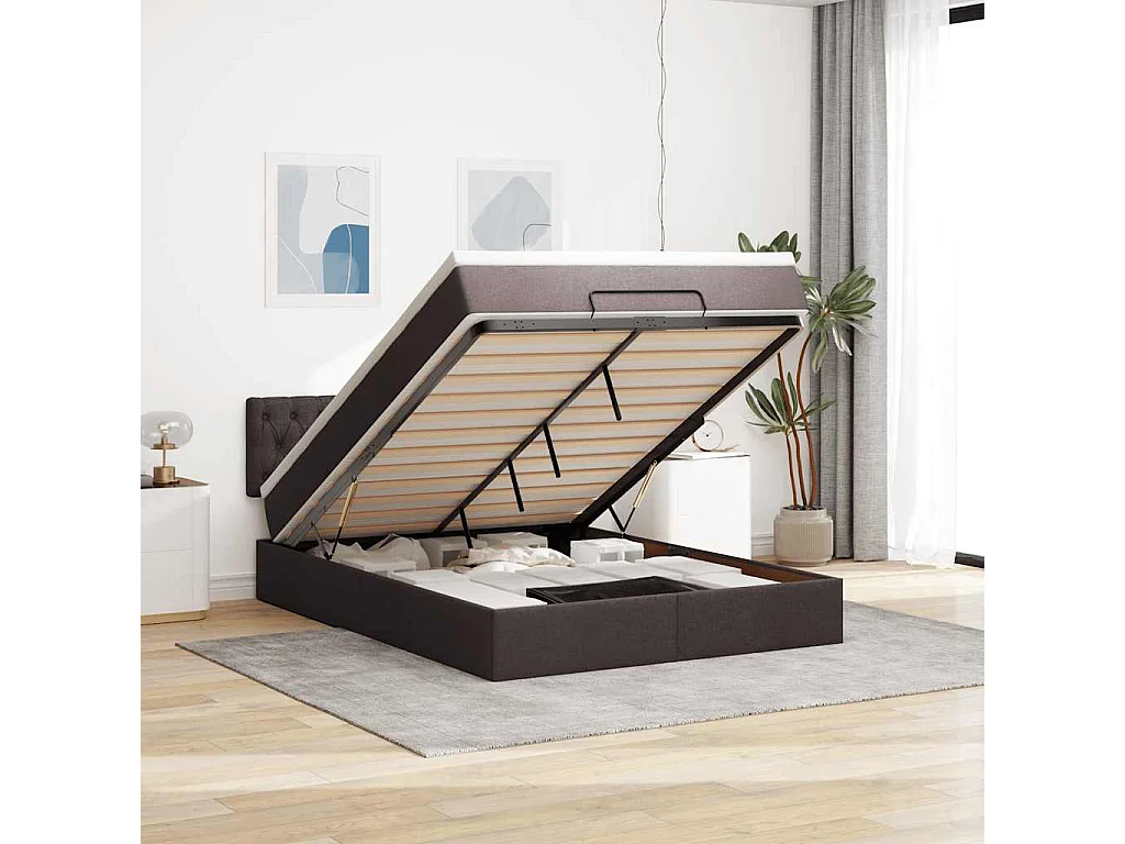 Cama otomana con colchón marrón oscuro 140x190 cm tela
