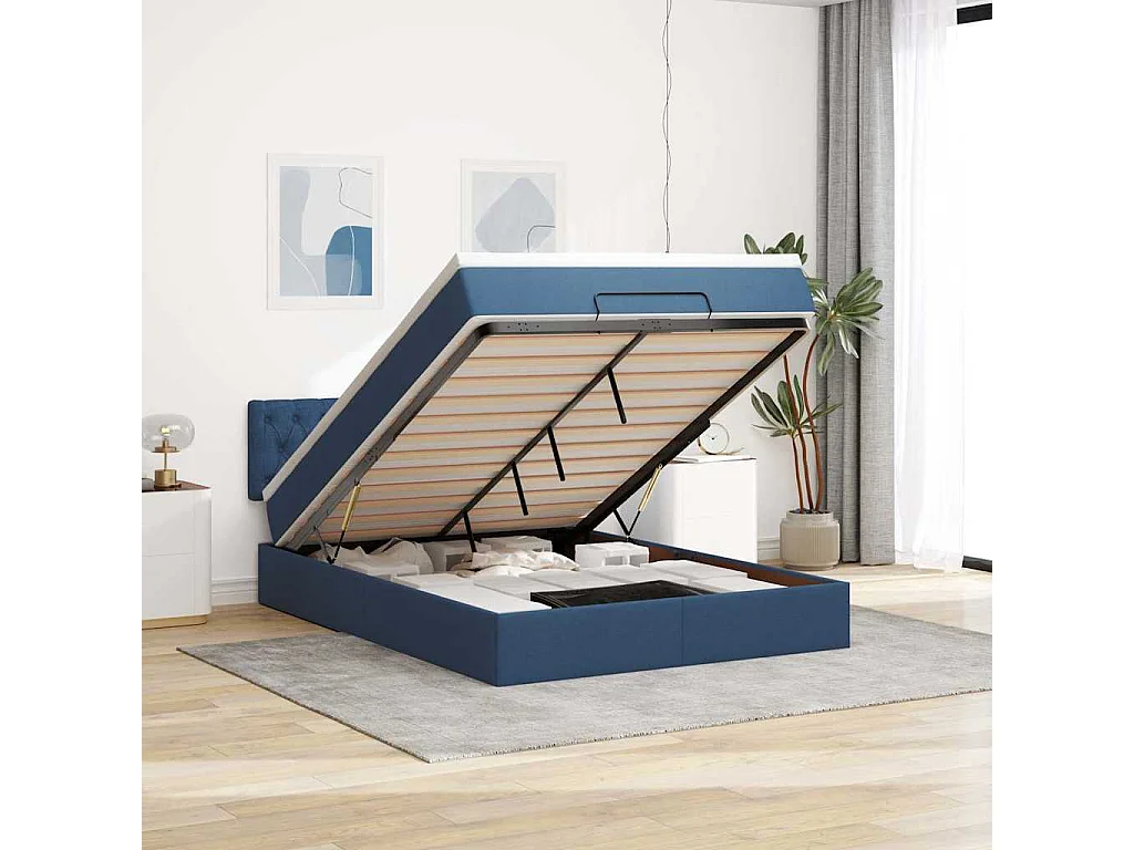 Lit ottoman avec matelas bleu 140x190 cm tissu