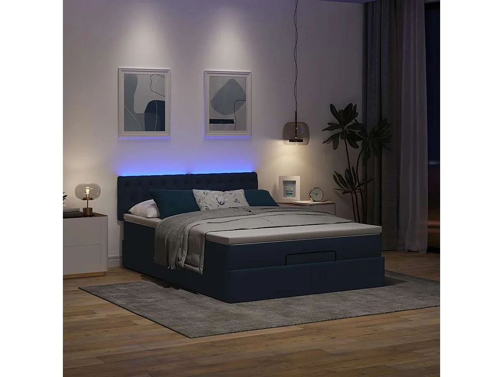 Lit ottoman avec matelas bleu 140x190 cm tissu