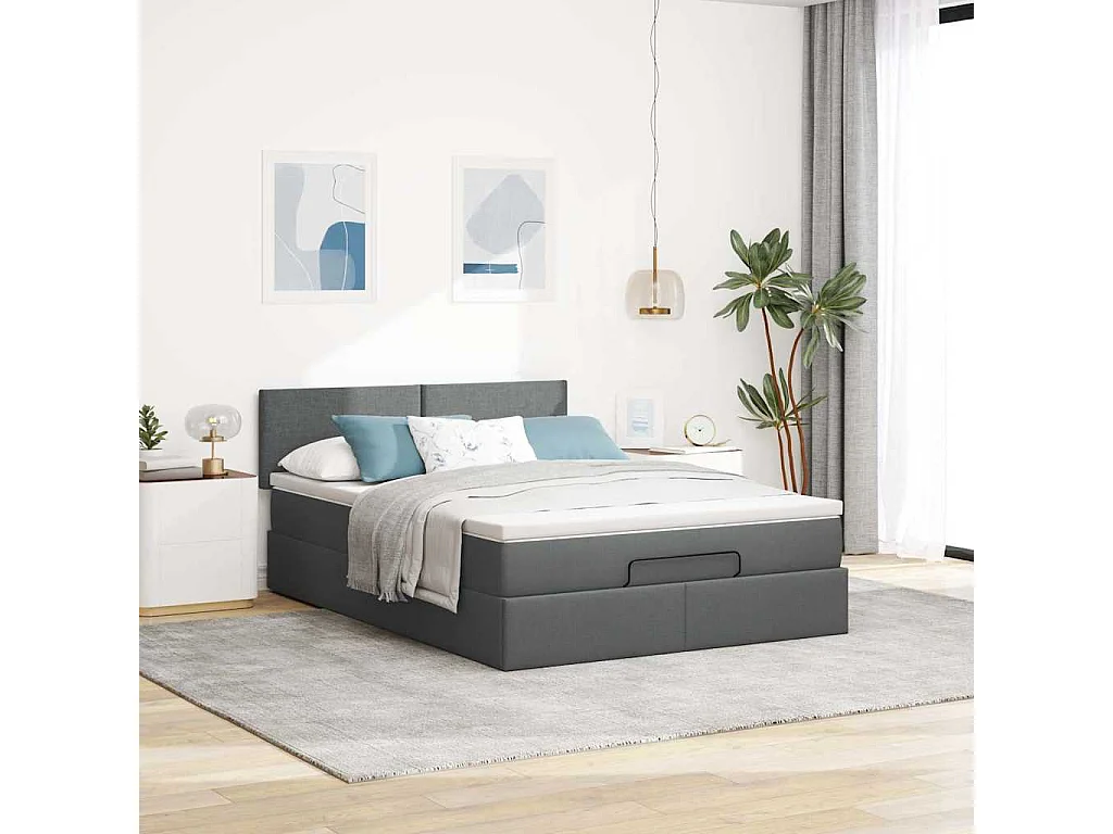 Cadre de lit ottoman avec matelas gris foncé 140x190 cm tissu