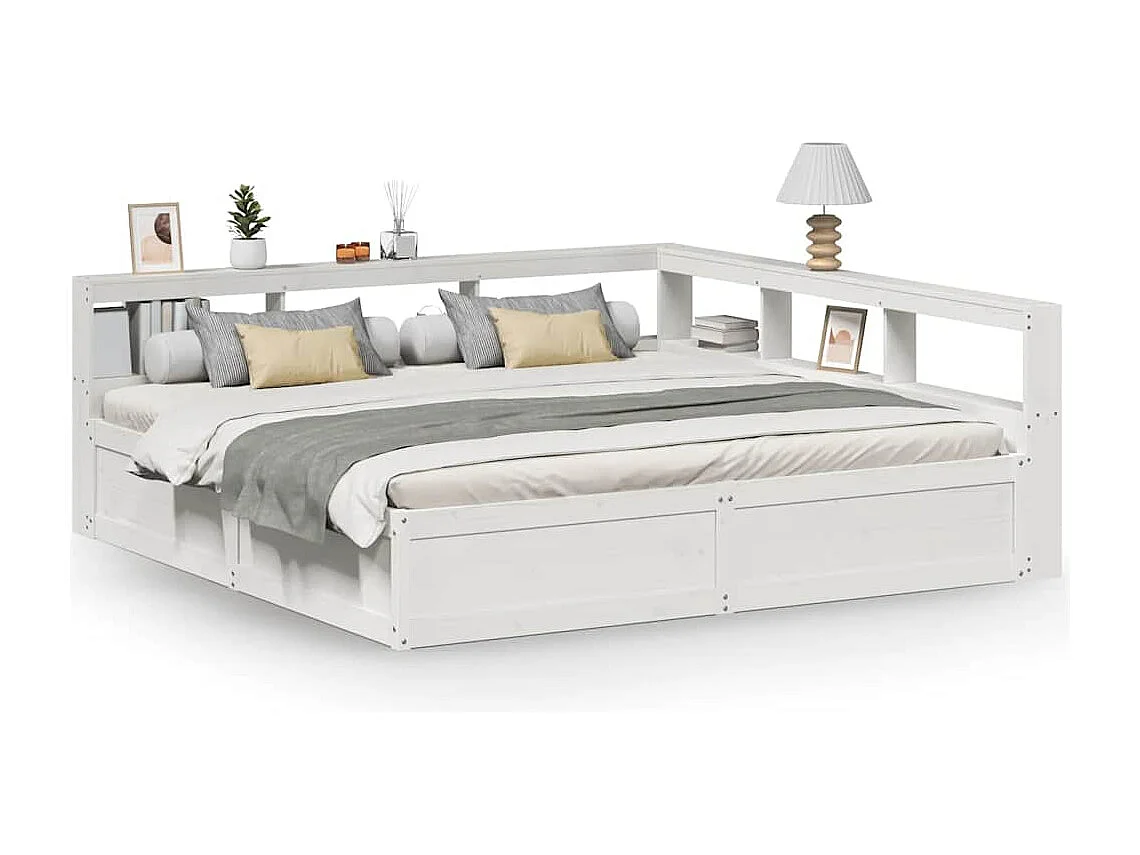 Lit bibliothèque sans matelas blanc 200x200 cm bois pin massif