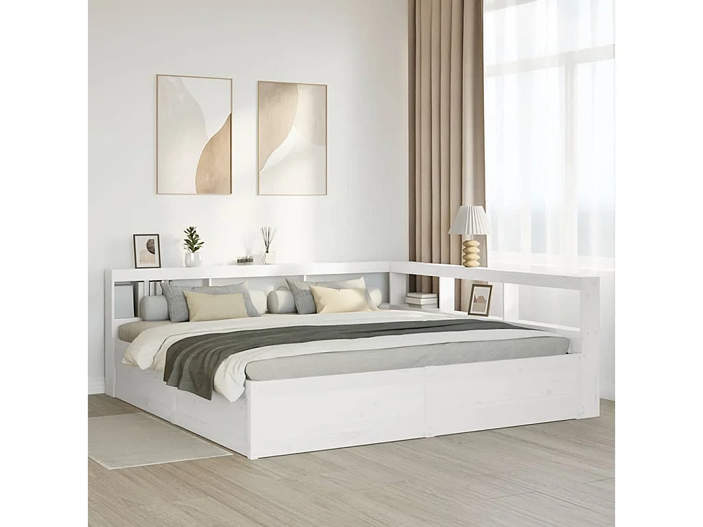 Lit bibliothèque sans matelas blanc 200x200 cm bois pin massif