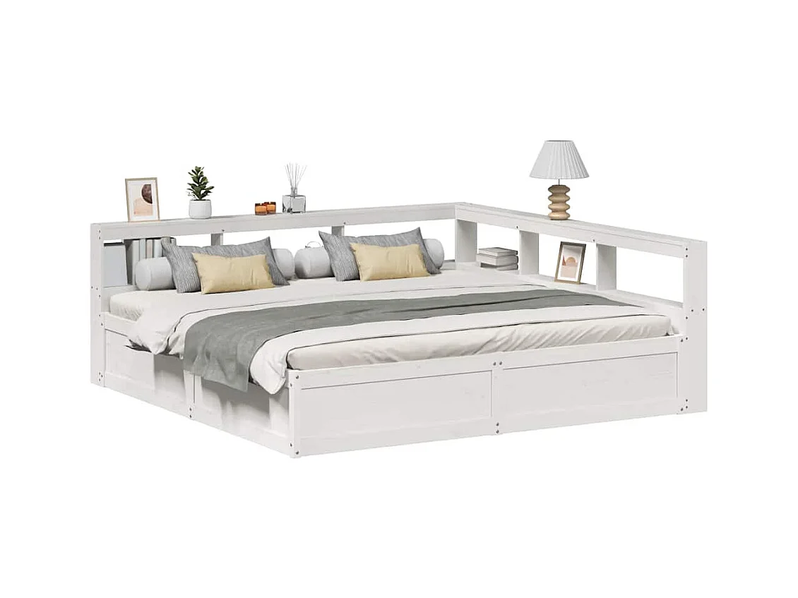 Lit bibliothèque sans matelas blanc 200x200 cm bois pin massif