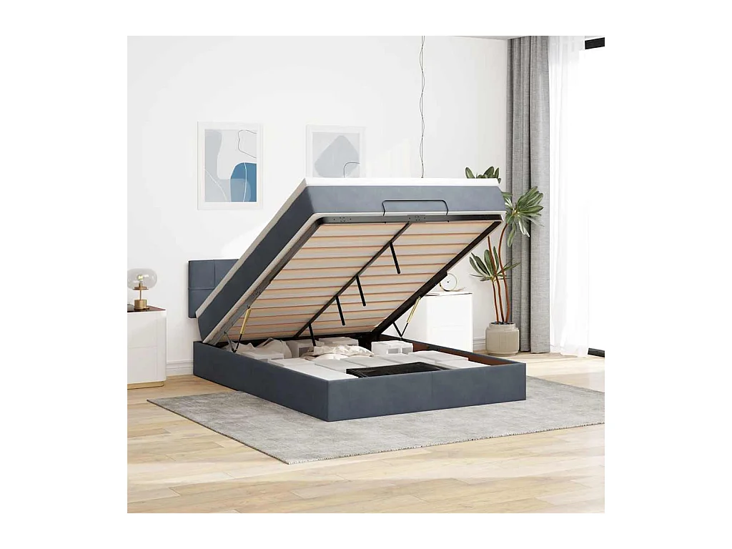 Cadre de lit ottoman avec matelas gris foncé 140x200 cm velours