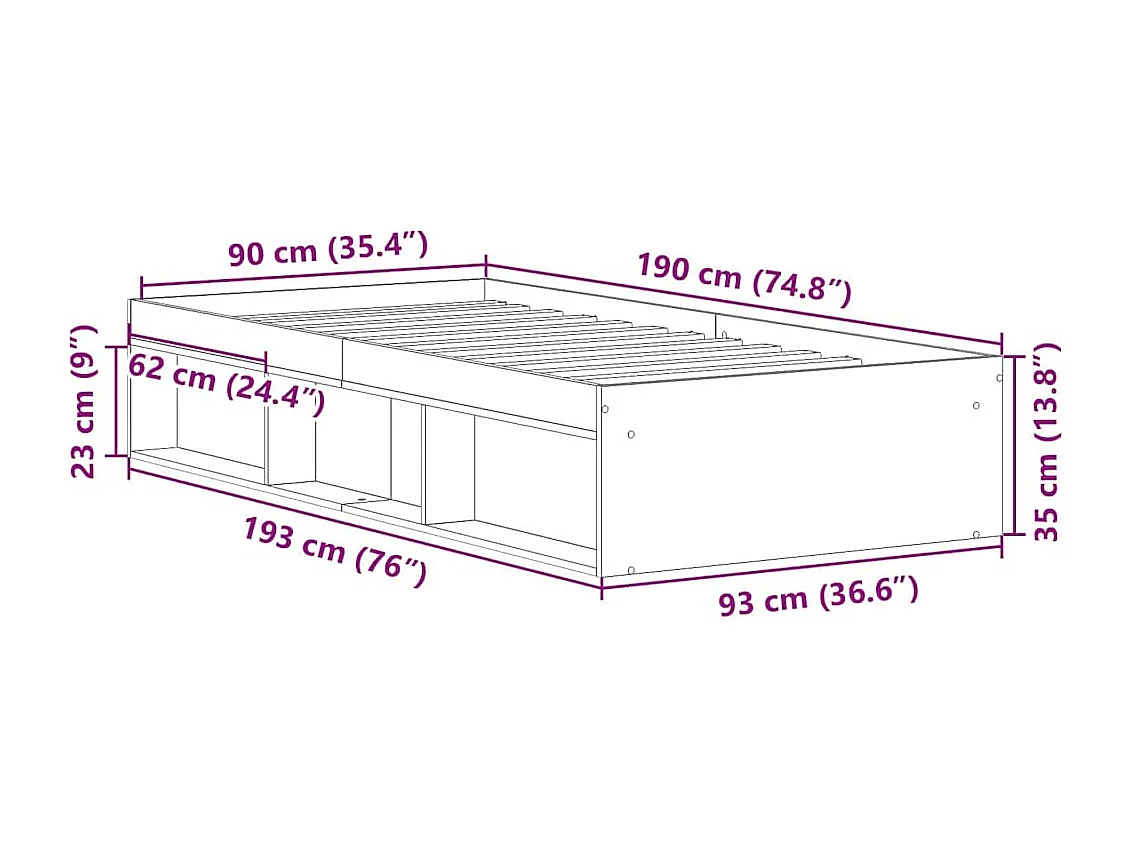 Cadre de lit sans matelas vieux bois 90x190 cm bois ingénierie