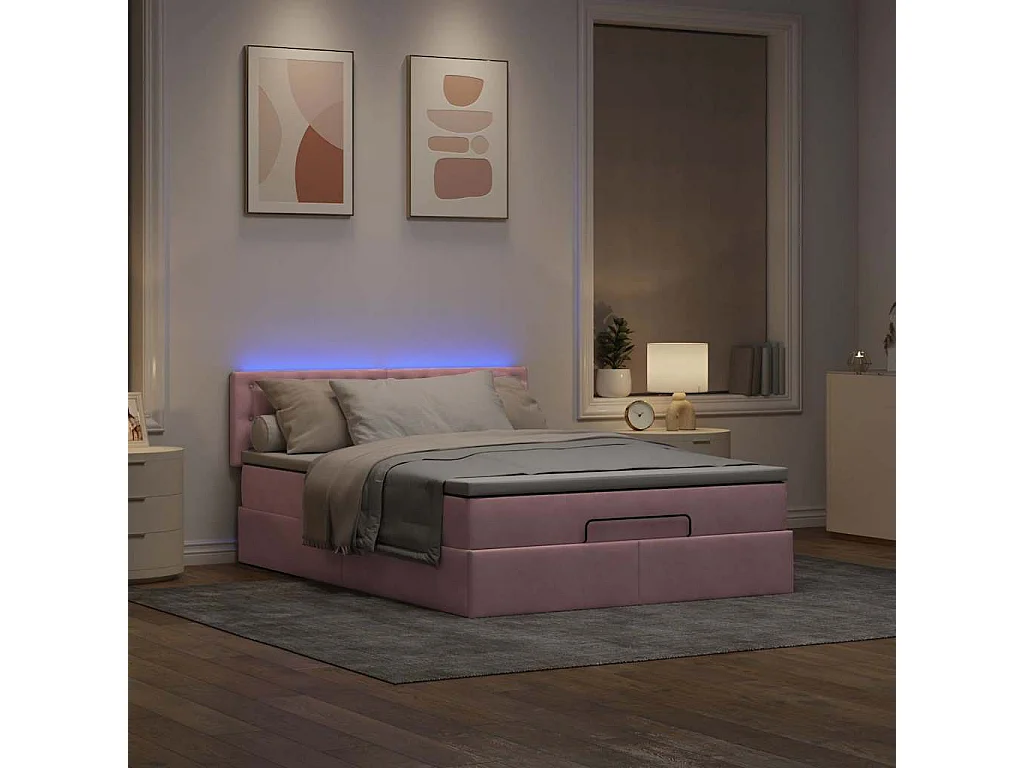 Estructura cama otomana con colchón terciopelo rosa 140x190 cm