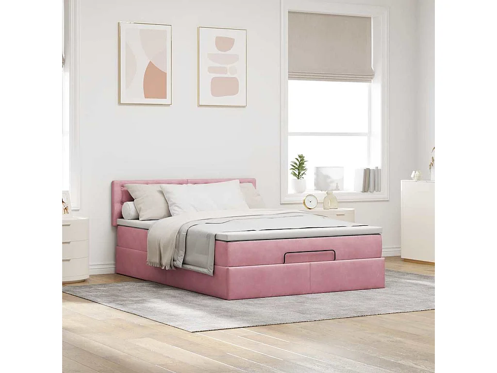 Estructura cama otomana con colchón terciopelo rosa 140x190 cm