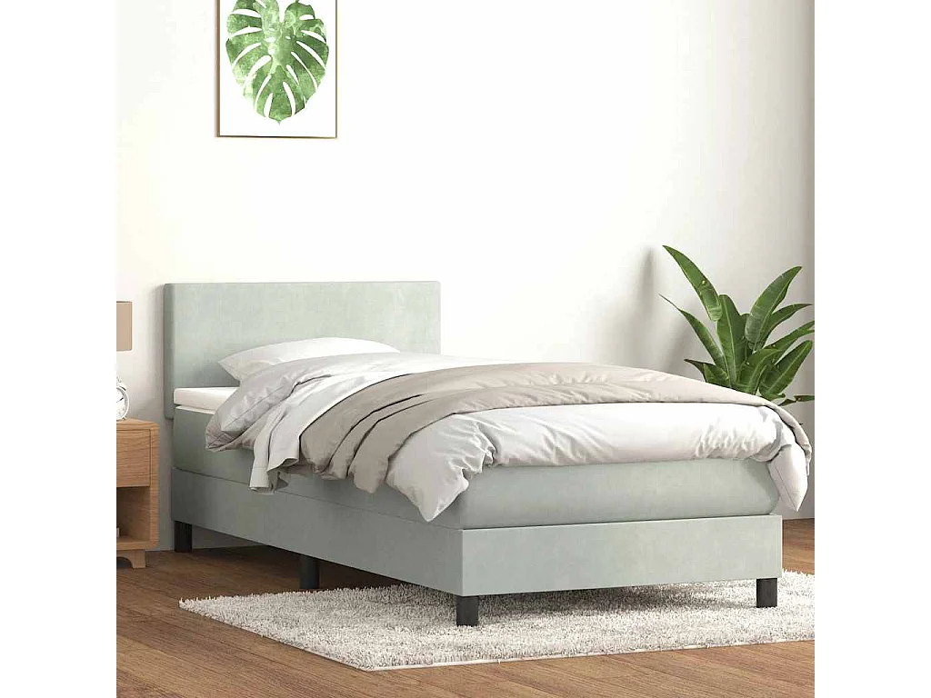 Cama box spring con colchón terciopelo gris claro 80x210 cm