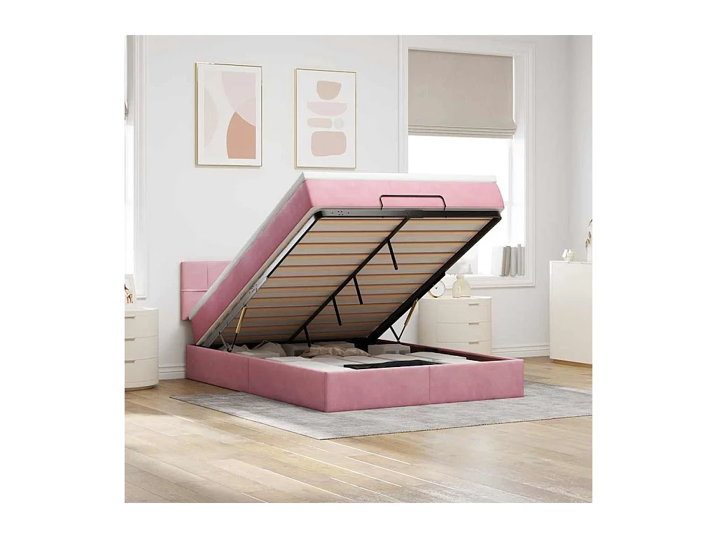 Estructura cama otomana con colchón terciopelo rosa 140x190 cm