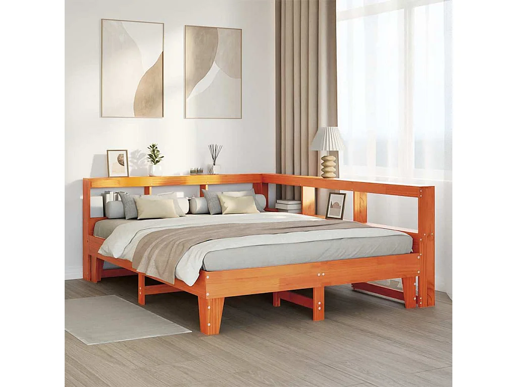 Lit bibliothèque sans matelas cire marron 140x200 cm pin massif