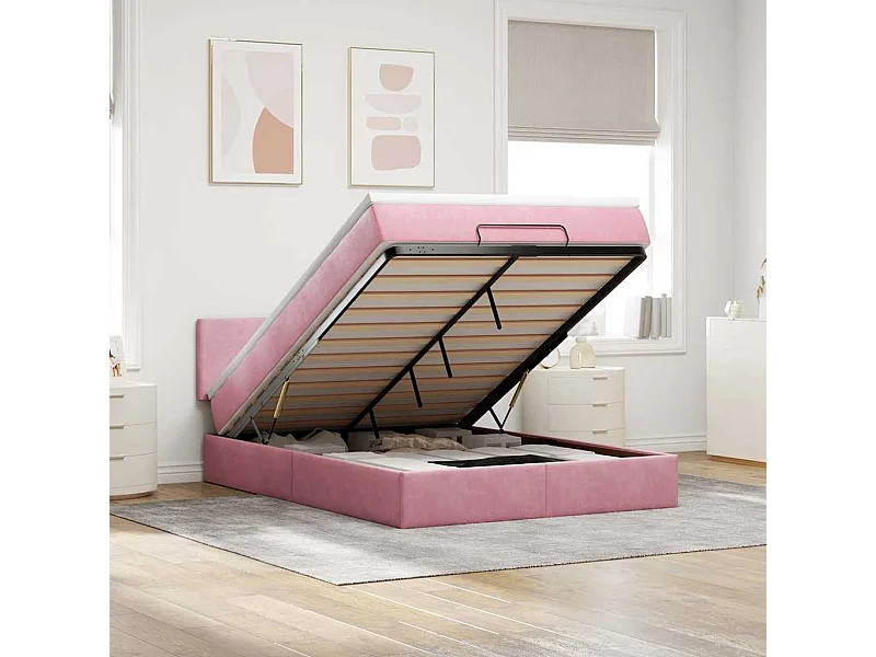 Estructura cama otomana colchón terciopelo rosa 140x200cm
