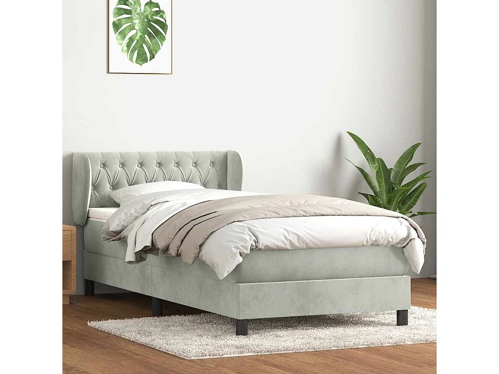 Cama box spring con colchón terciopelo gris claro 80x210 cm