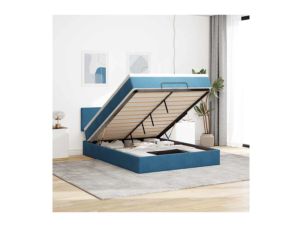 Cadre de lit ottoman avec matelas bleu foncé 140x190 cm velours