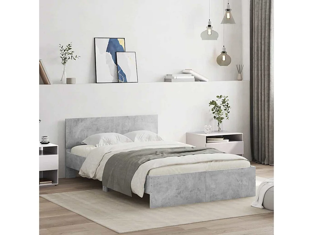 Estrutura cama cabeceira e luzes LED 140x200cm cinzento cimento