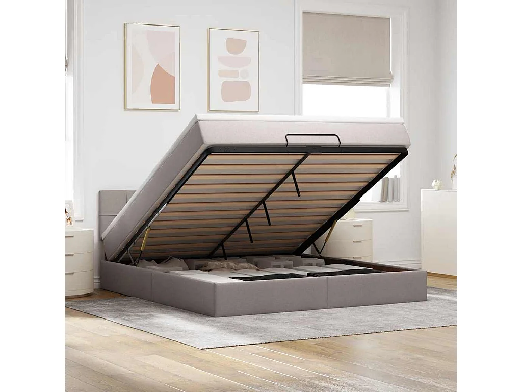 Estructura de cama otomana colchón tela gris pardo 180x200 cm