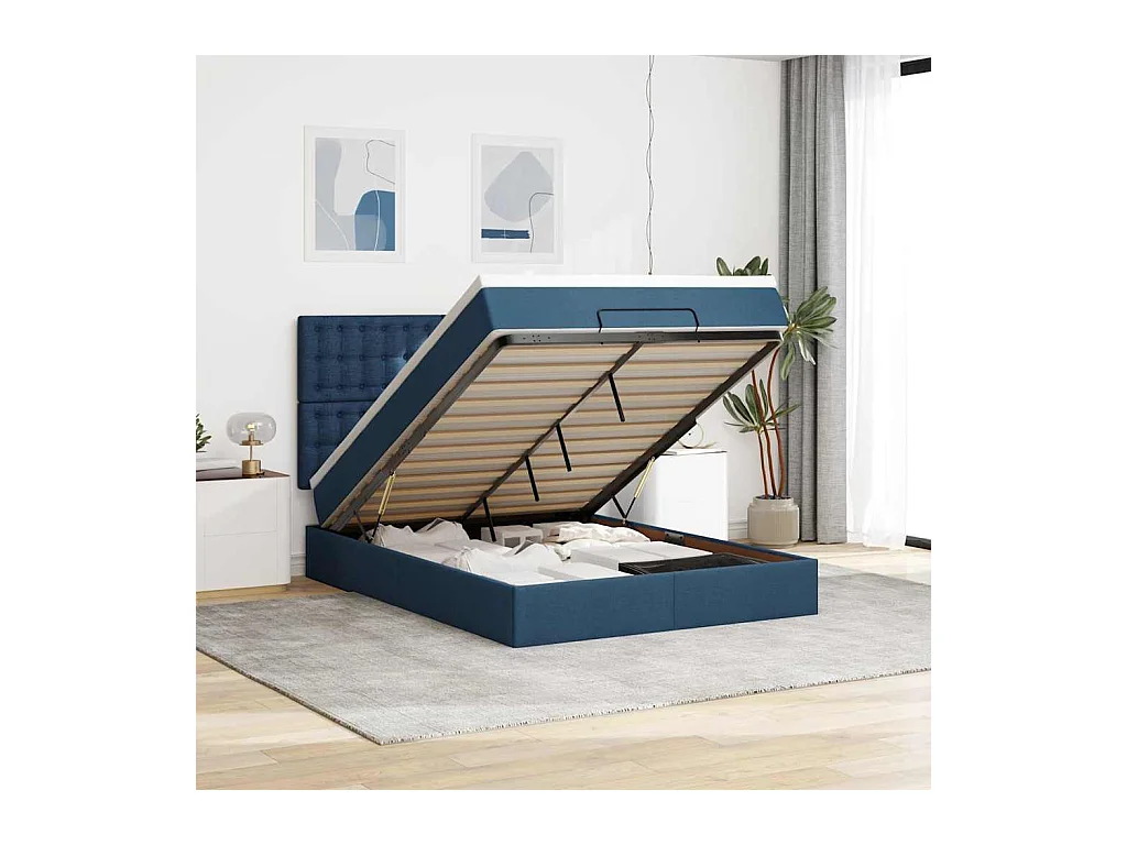 Estructura de cama otomana con colchón tela azul 140x190cm