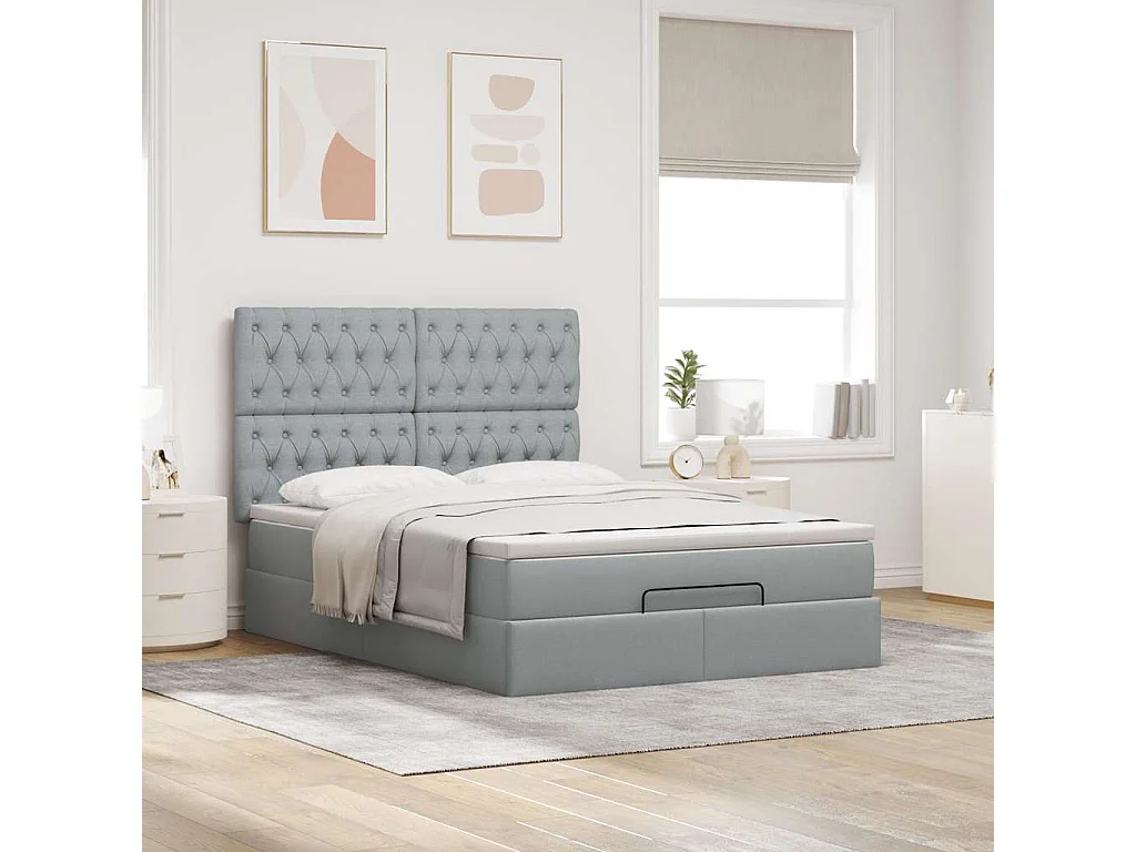 Cadre de lit ottoman et matelas gris clair 140x190 cm tissu