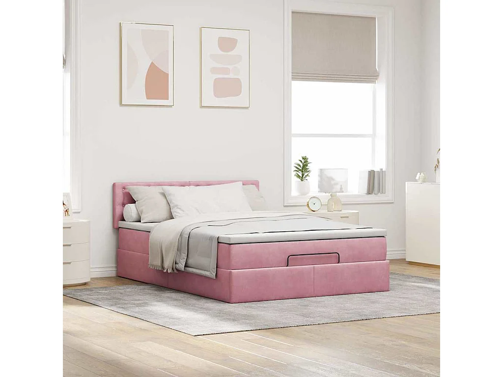 Estructura cama otomana colchón terciopelo rosa 140x200cm