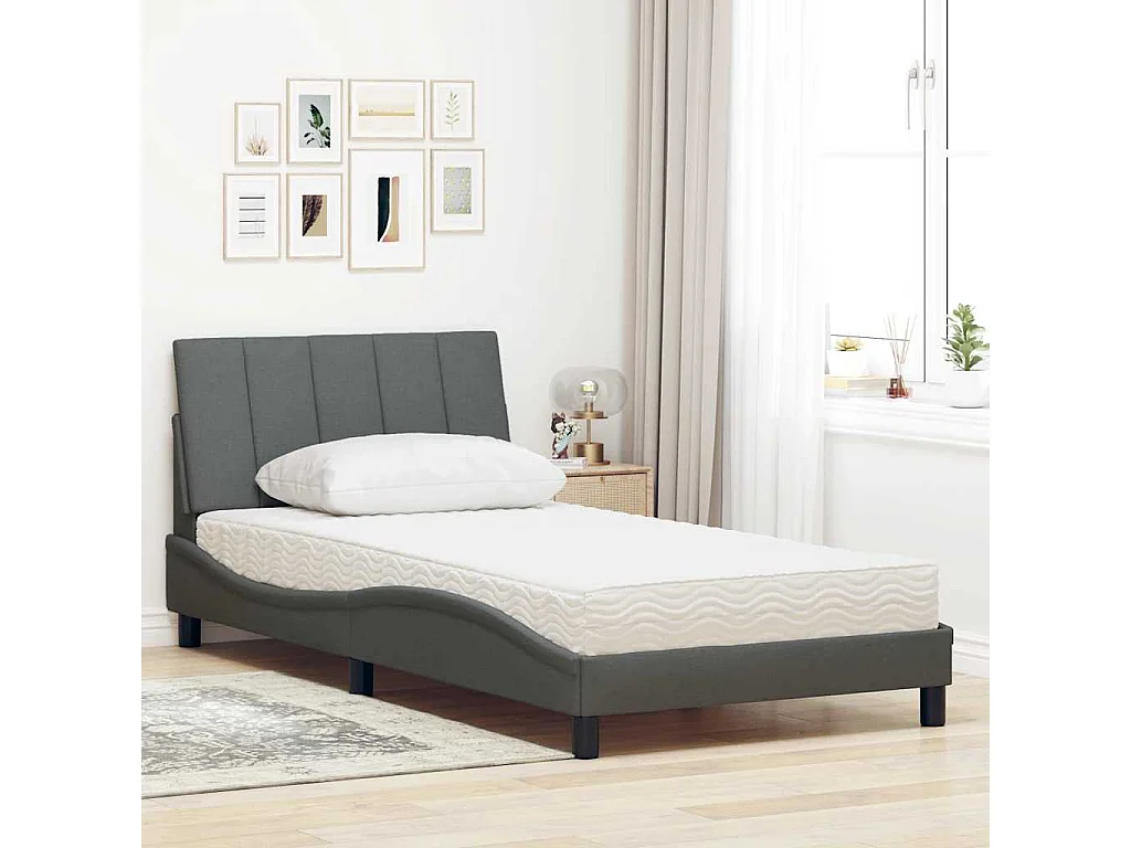 Lit avec matelas gris foncé 100x200 cm tissu