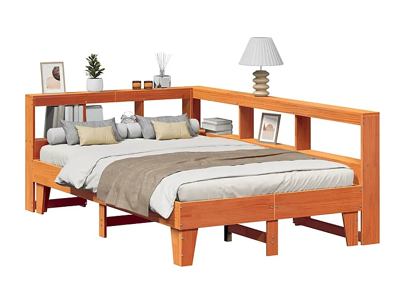 Bed met boekenkast zonder matras grenenhout wasbruin 140x190 cm