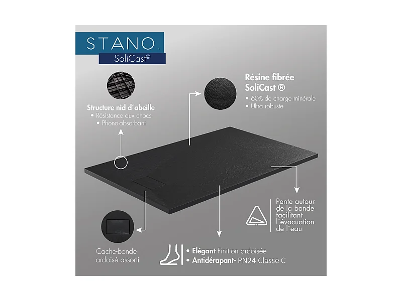 Receveur de douche 80 x 180 cm extra plat PIATTO en SoliCast® surface ardoisée blanc