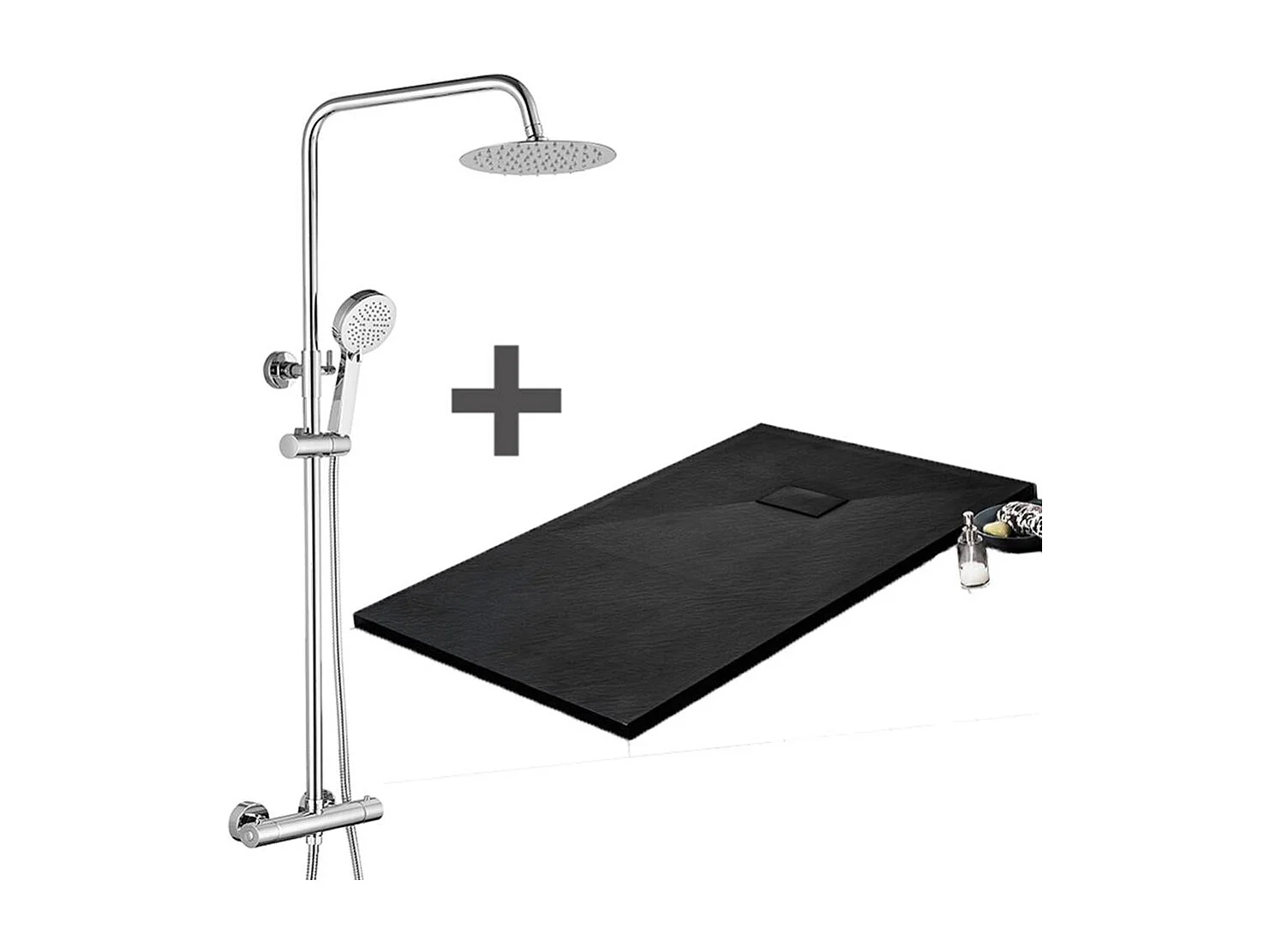 Pack Receveur de douche 90 x 180 cm extra plat noir + Colonne de douche thermostatique