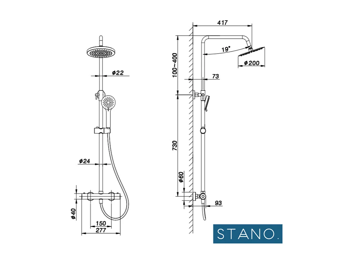 Pack Receveur de douche 90 x 180 cm extra plat noir + Colonne de douche thermostatique
