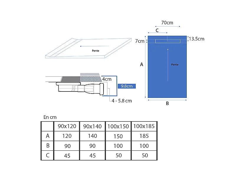 Piatto doccia da piastrellare MONOBOARD 1 pendenza con membrana impermeabile e scarico ultrapiatto 90 x 120 cm