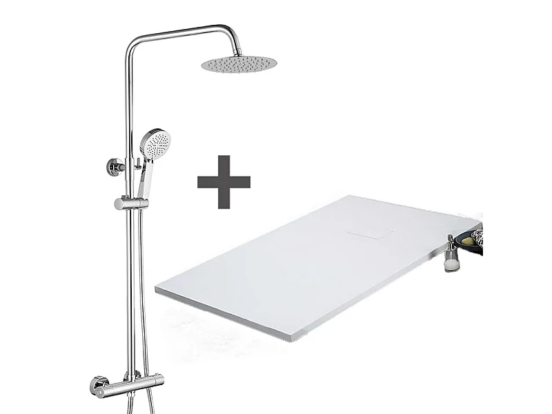 Kit Piatto doccia ultrasottile 90 x 130 cm PIATTO Bianco + Colonna doccia termostatica Finitura cromata