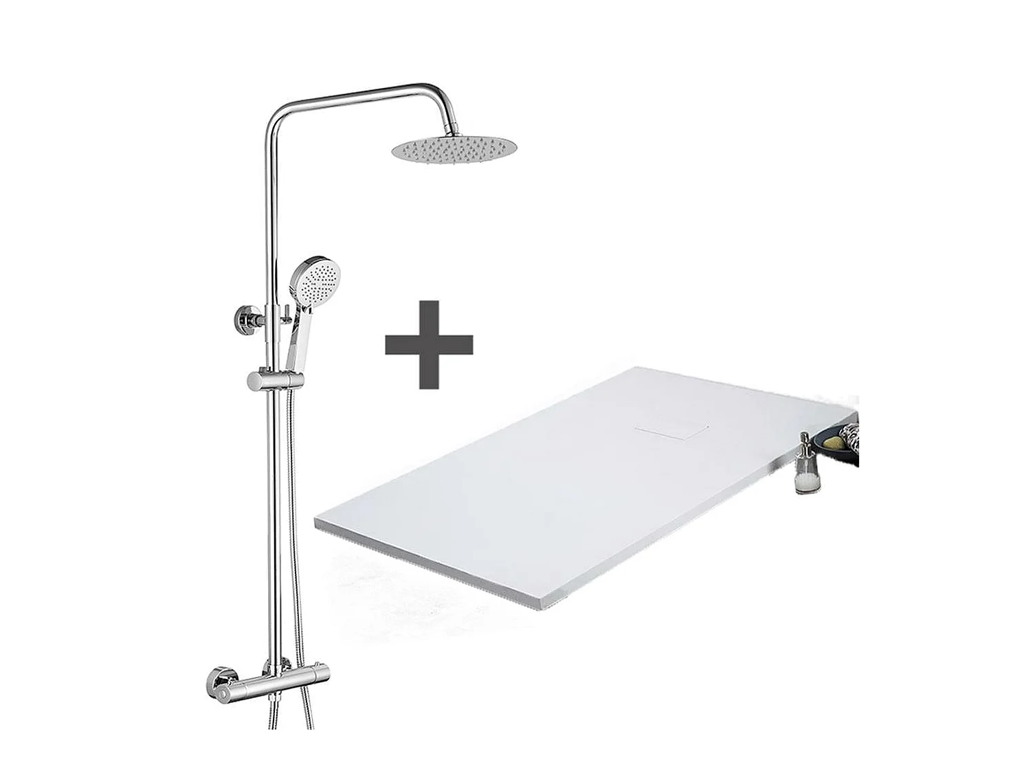 Kit Piatto doccia ultrasottile 90 x 130 cm PIATTO Bianco + Colonna doccia termostatica Finitura cromata
