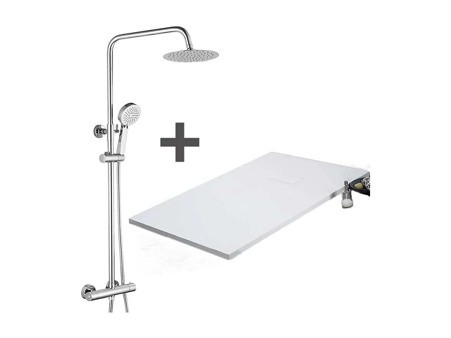 Pack Receveur de douche 90 x 90 cm extra plat blanc + Colonne de douche thermostatique