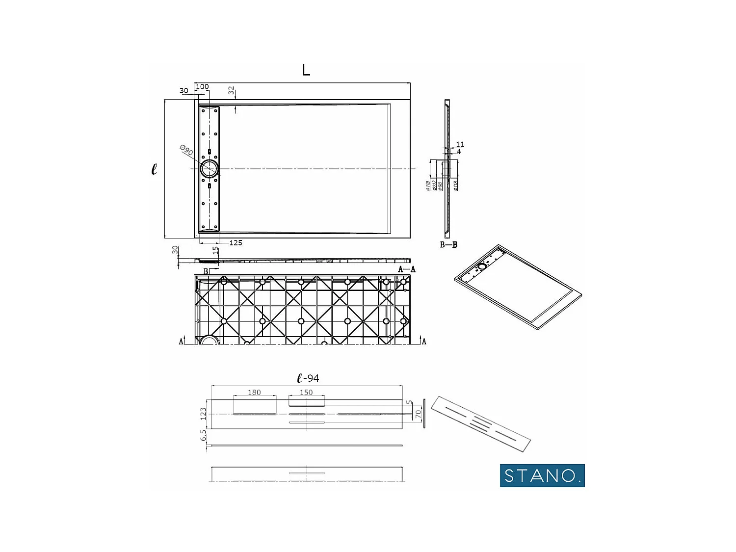 Receveur de douche 90 x 160 cm extra plat LUCIA en SoliCast® surface ardoisée noir