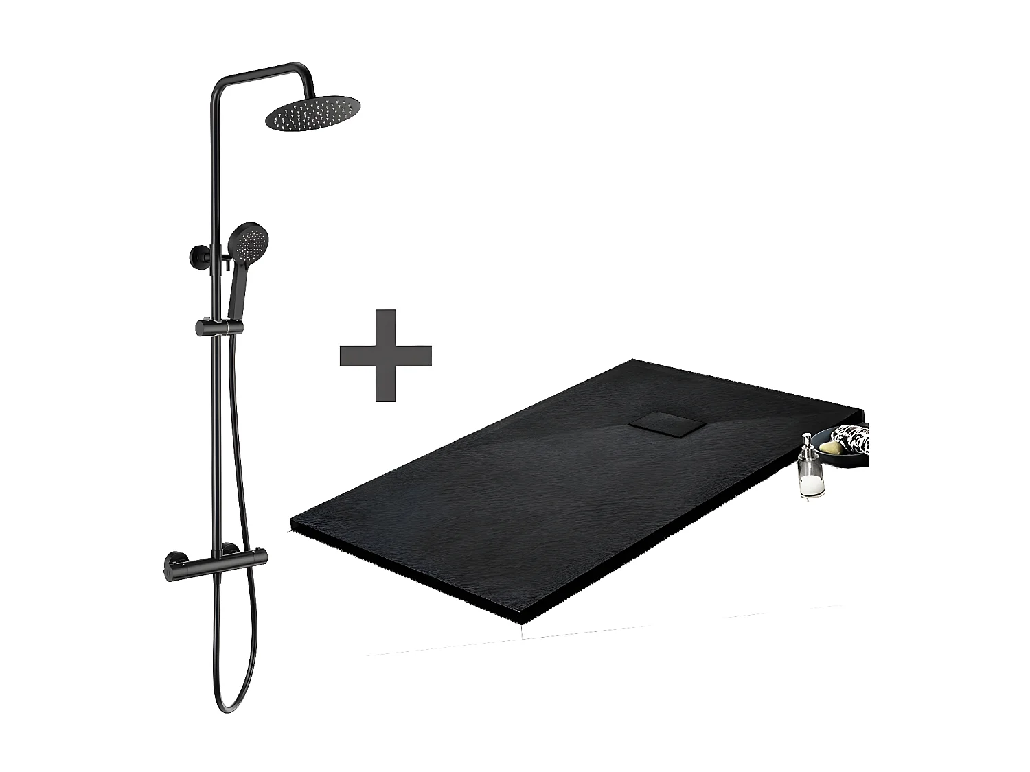 Kit Piatto doccia ultrasottile 90 x 160 cm PIATTO Nero + Colonna doccia termostatica Finitura nera opaca