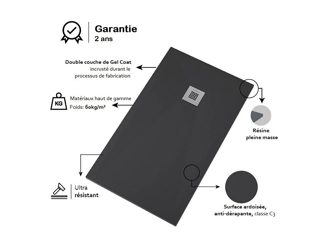 Plato de ducha pizarra ONDA CENIZA  90x170 cm rejilla inox