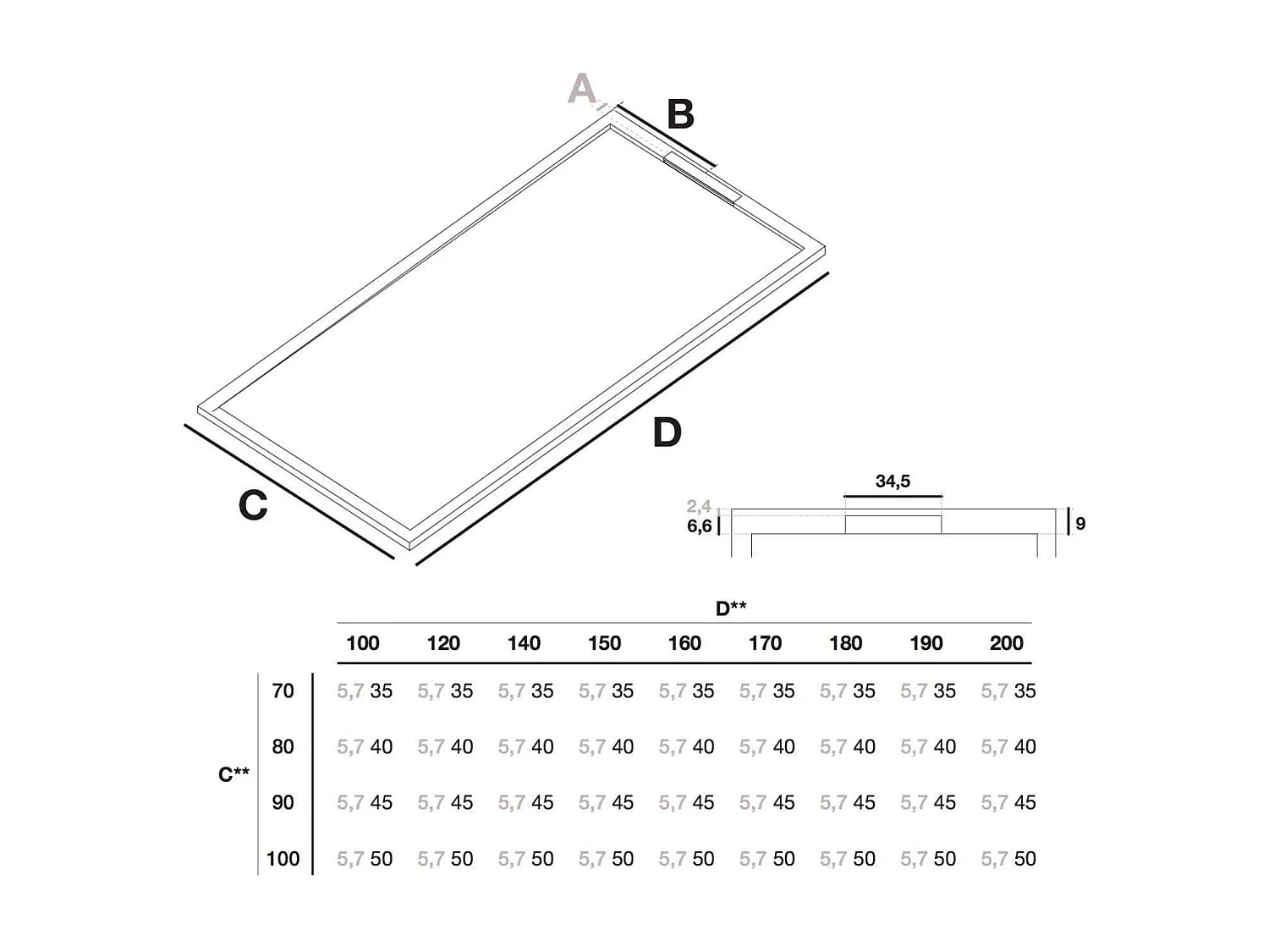 Receveur de douche 70 x 130 cm extra plat COVER en résine surface ardoisée béton