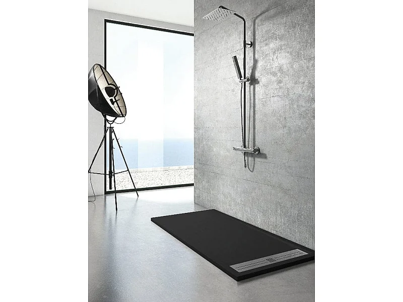 Mineralguss-Duschwanne extra flach ELITE Schieferoptik SCHWARZ 80x200cm Edelstahl in chrom Ablaufschutz in Chrom