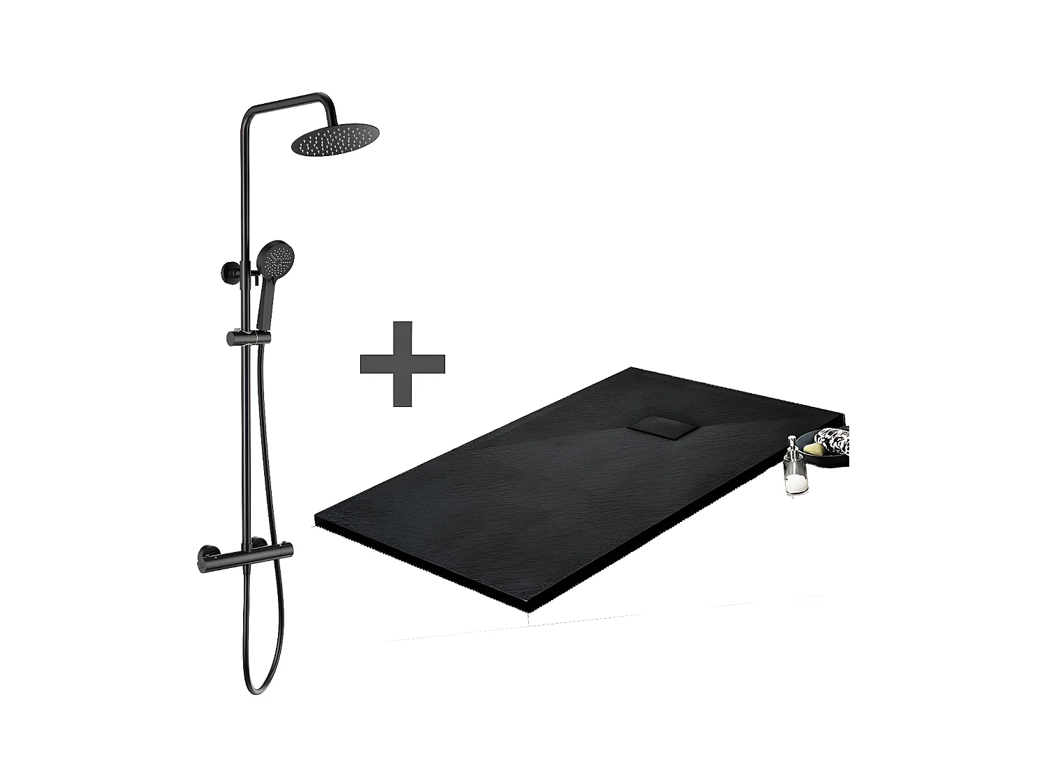 Kit Piatto doccia ultrasottile 80 x 140 cm PIATTO Nero + Colonna doccia termostatica Finitura nera opaca